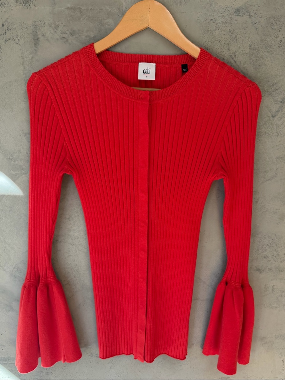 CAbi Hibiscus Red Ribbed Knit Trumpet Bell Sleeve Snap Cardigan Sweater S